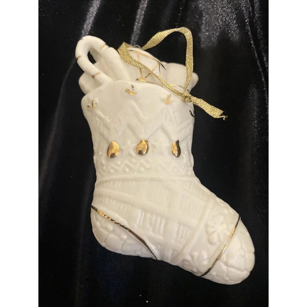 White And Gold Trim Christmas Ornament Porcelain Stocking And Toys Vintage